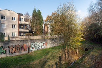 Wittringer Mühlenbach, entlang Mauer mit großflächigem Graffiti