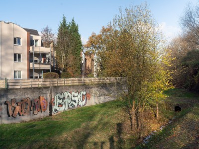Wittringer Mühlenbach, entlang Mauer mit großflächigem Graffiti